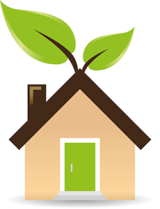 Cartoon image of a house with a green door and leaves coming out of roof to symbolize NJ custom home builder love for ecofriendly materials 