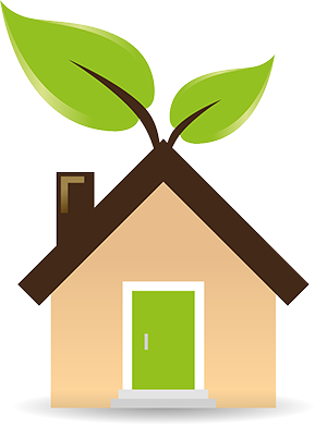 Cartoon image of a house with a green door and leaves coming out of roof to symbolize NJ custom home builder love for ecofriendly materials